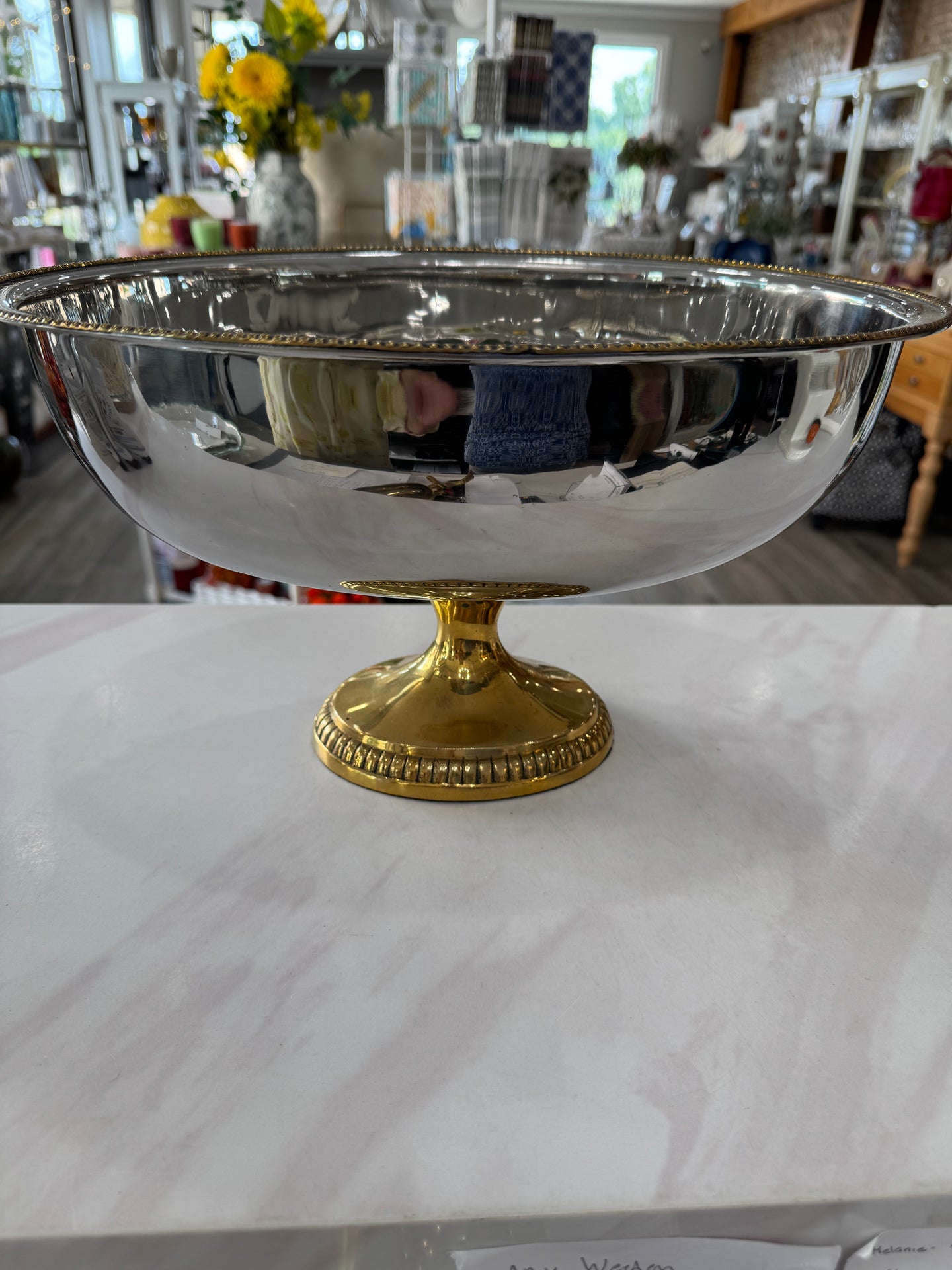 IHI Silver Oval Pedestal Bowl w/Gold Beaded Rim