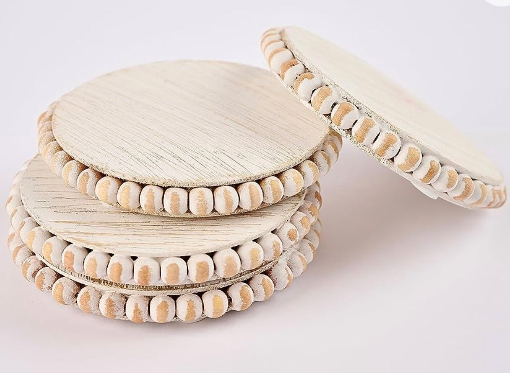 Mudpie Beaded Wood Coaster Set-White