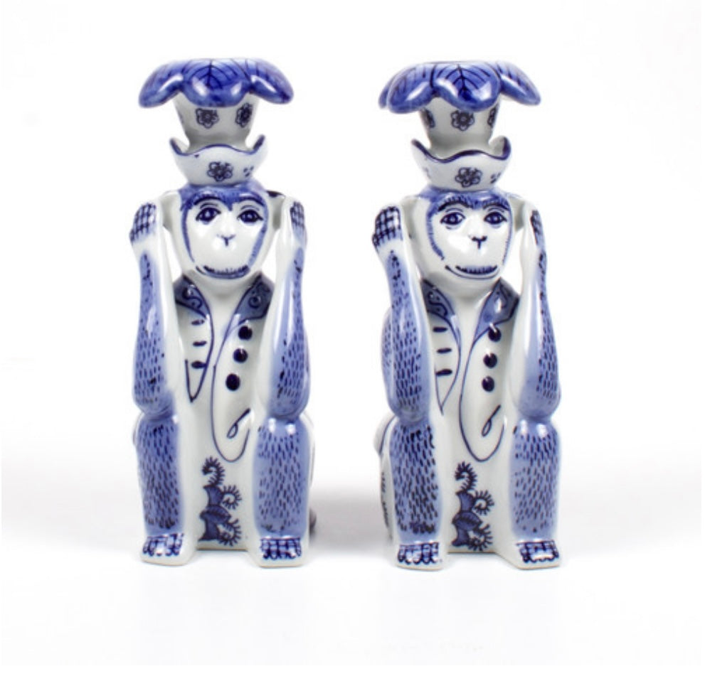 8 Oak Lane Blue Chinoiserie Monkey Candlestick Set