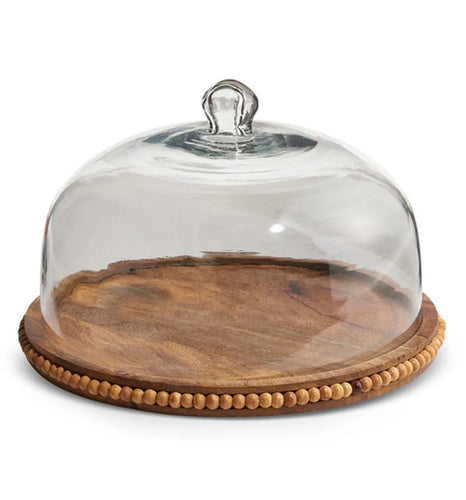 Raz Farmstead Wood Beaded Tray w/Glass Dome