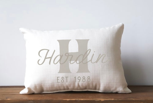 Neutral Last Name Initial EST Pillow (picture is example only)