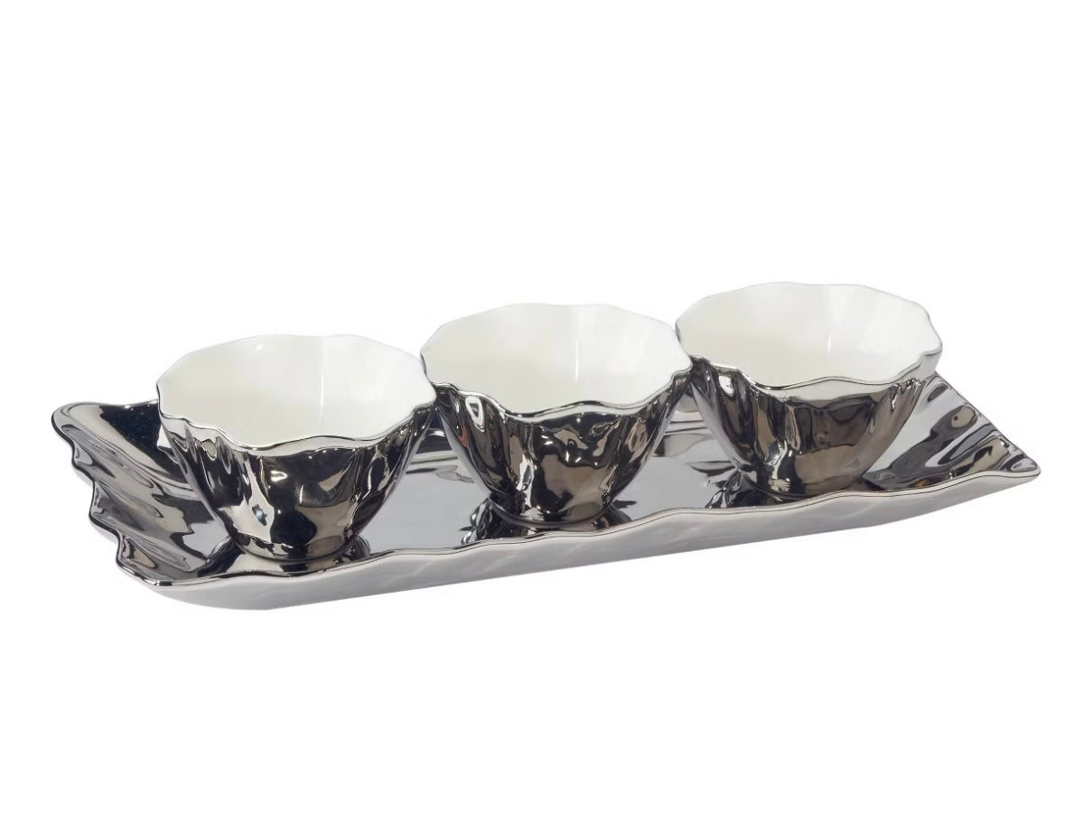 Certified International Silver Rectangle Tray w/Condiment Bowls (4 Piece Set)