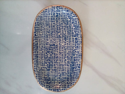 Pottery Tray Blue Dots w/gold accent