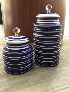Ceramic blue & white round ribbed container (7.25”)